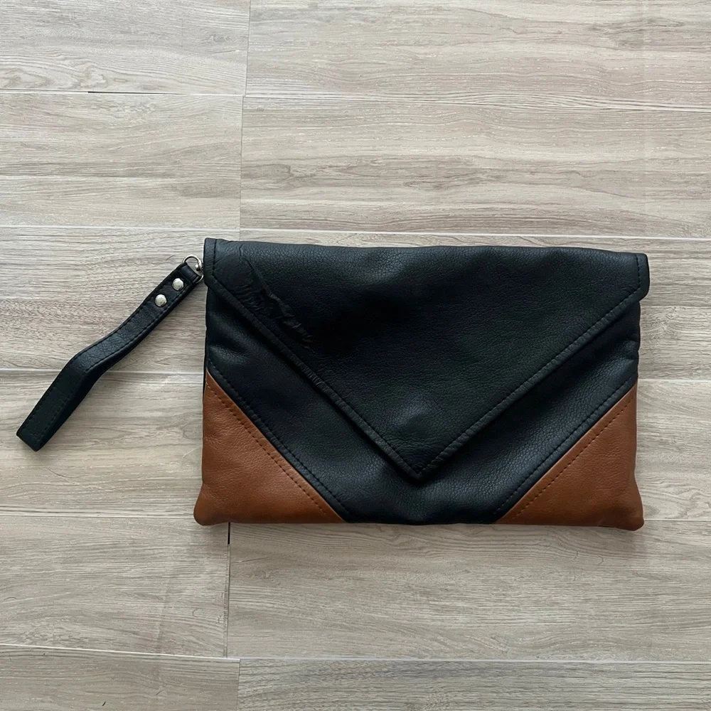 Two-Tone Black and Brown Envelope Vegan Leather Clutch